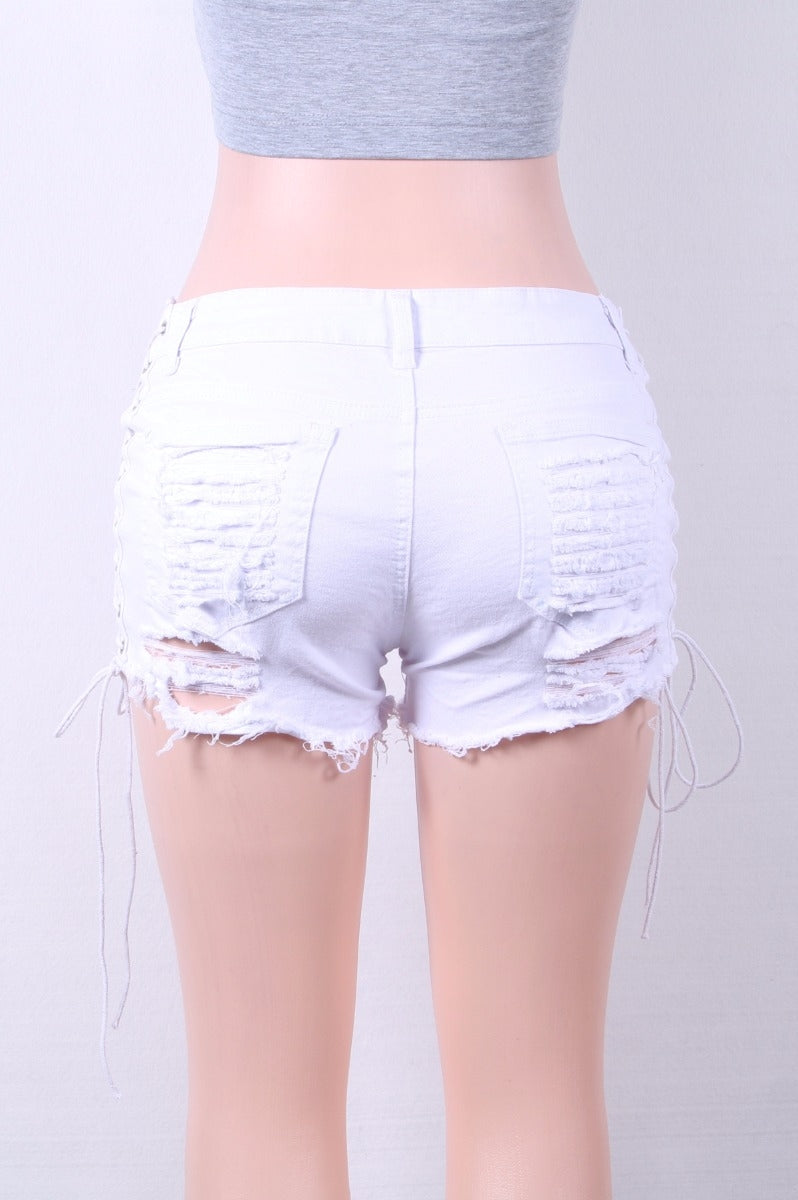 Color Hollow Fashion Jeans Bandage Side Shorts