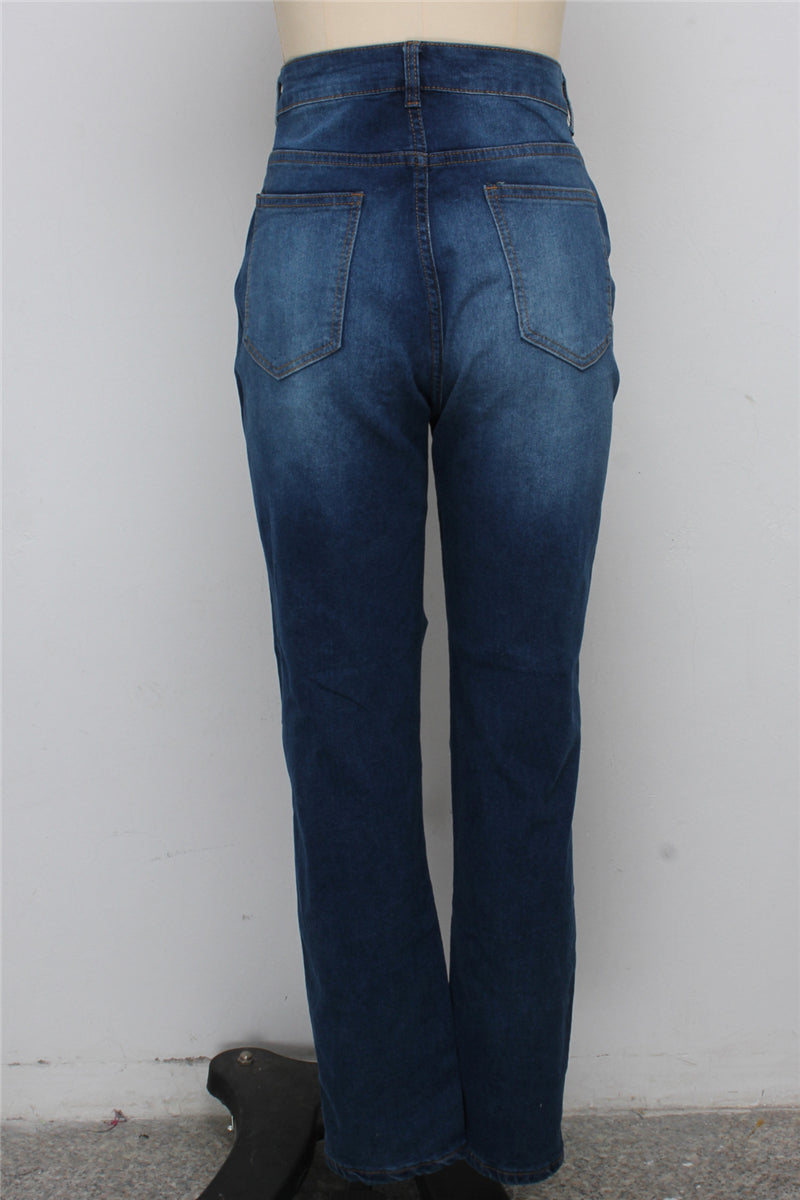 Solid color holes zip-up pockets new stylish casual straight jeans