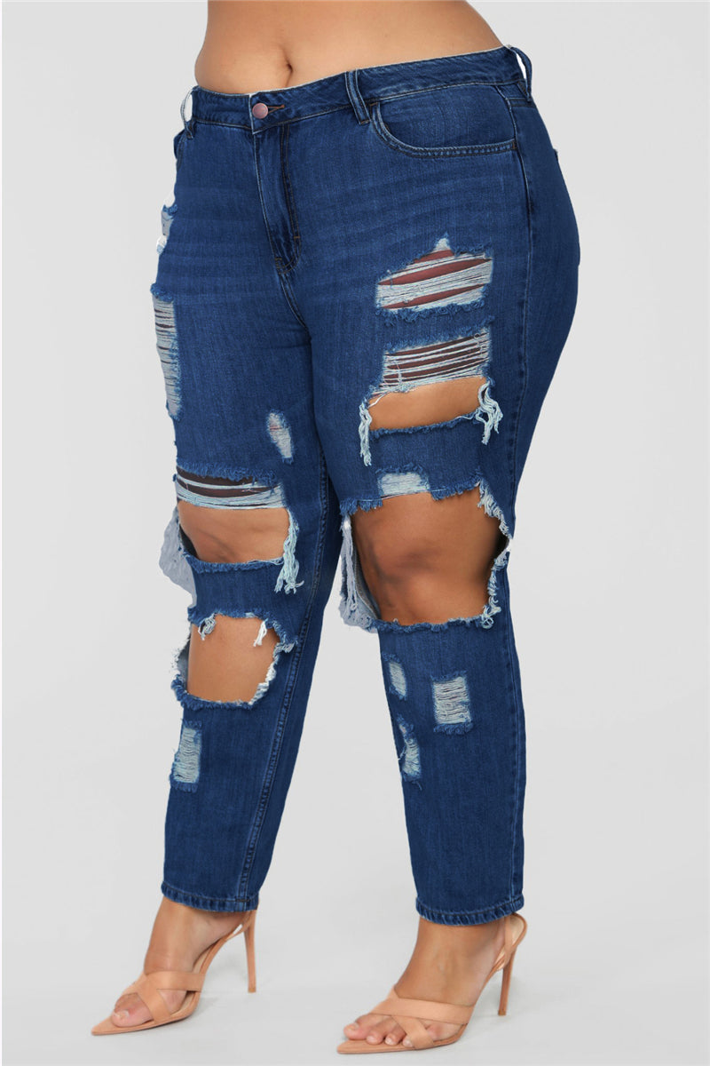 Solid color holes zip-up pockets new stylish casual straight jeans