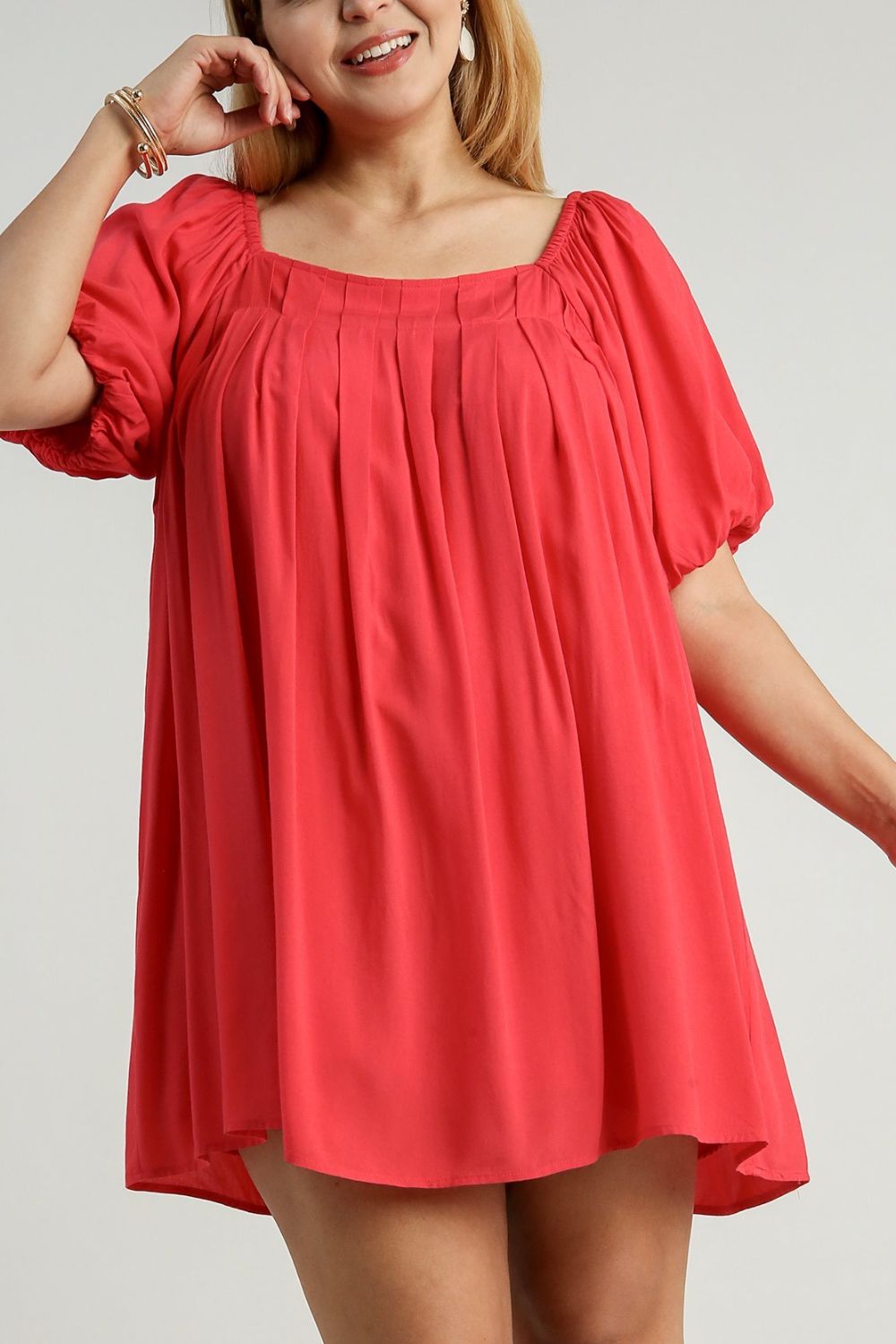 Umgee Full Size Squared Neck Puff Sleeve Mini Dress Plus Size