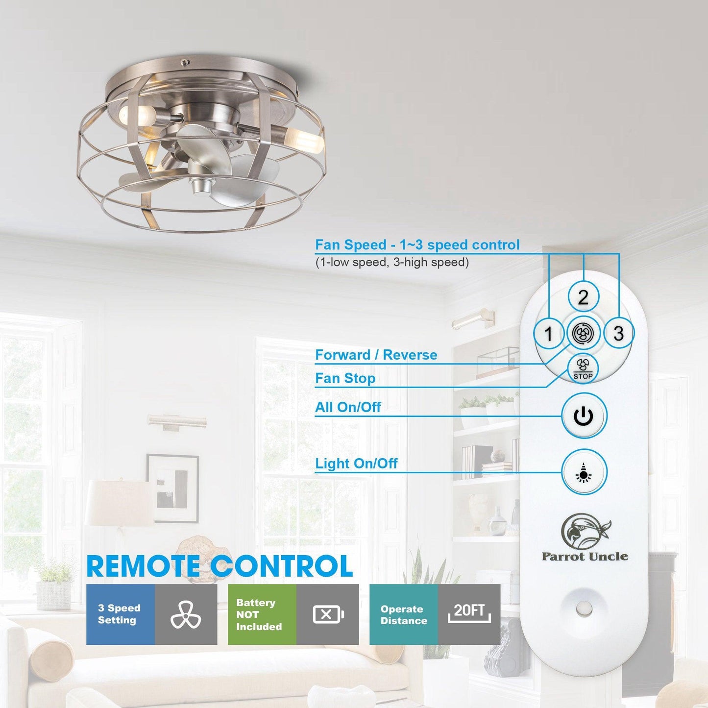 12" Flush Mount Low Profile Caged Small Ceiling Fan with Light and Remote Control