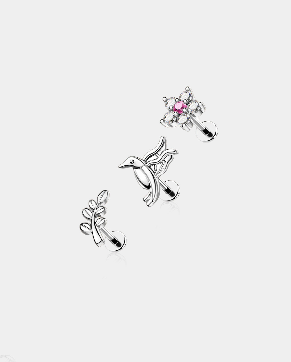 3PCS Bird Flower Internally Threaded Helix Studs