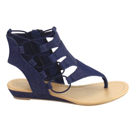 Dartina: Elastic Lace Side Zipper Backless Wedge Sandal in Denim Blue