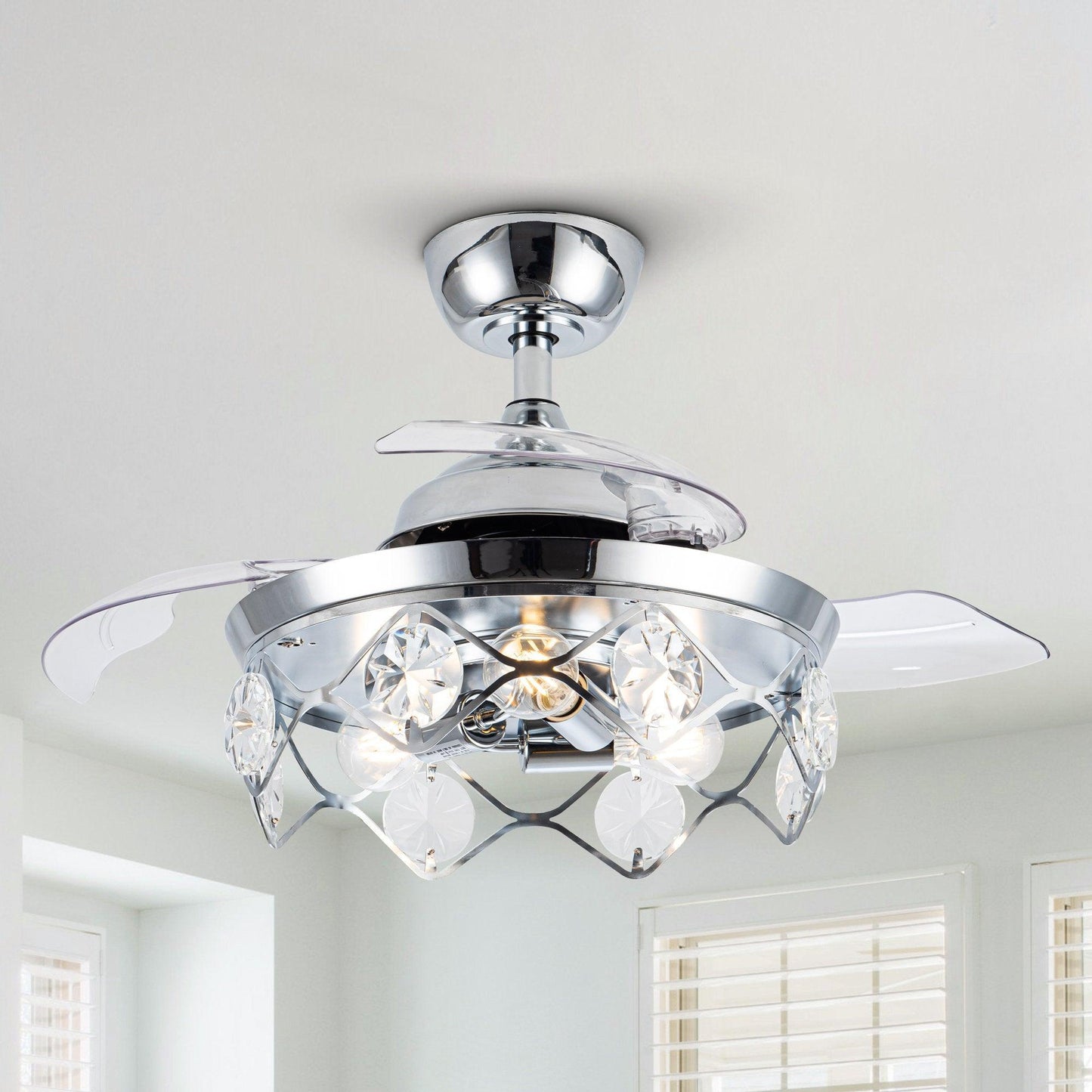 36" Broxburne Modern Chrome Downrod Mount Crystal Ceiling Fan with Lighting and Remote Control