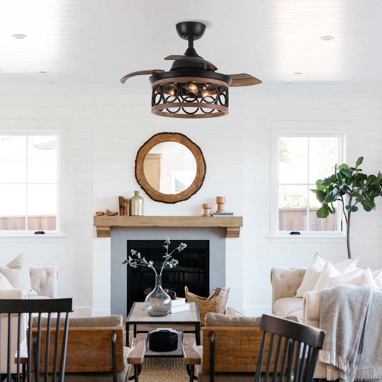 36" Mirelle Farmhouse Downrod Mount Ceiling Fan with Lighting and Remote Control