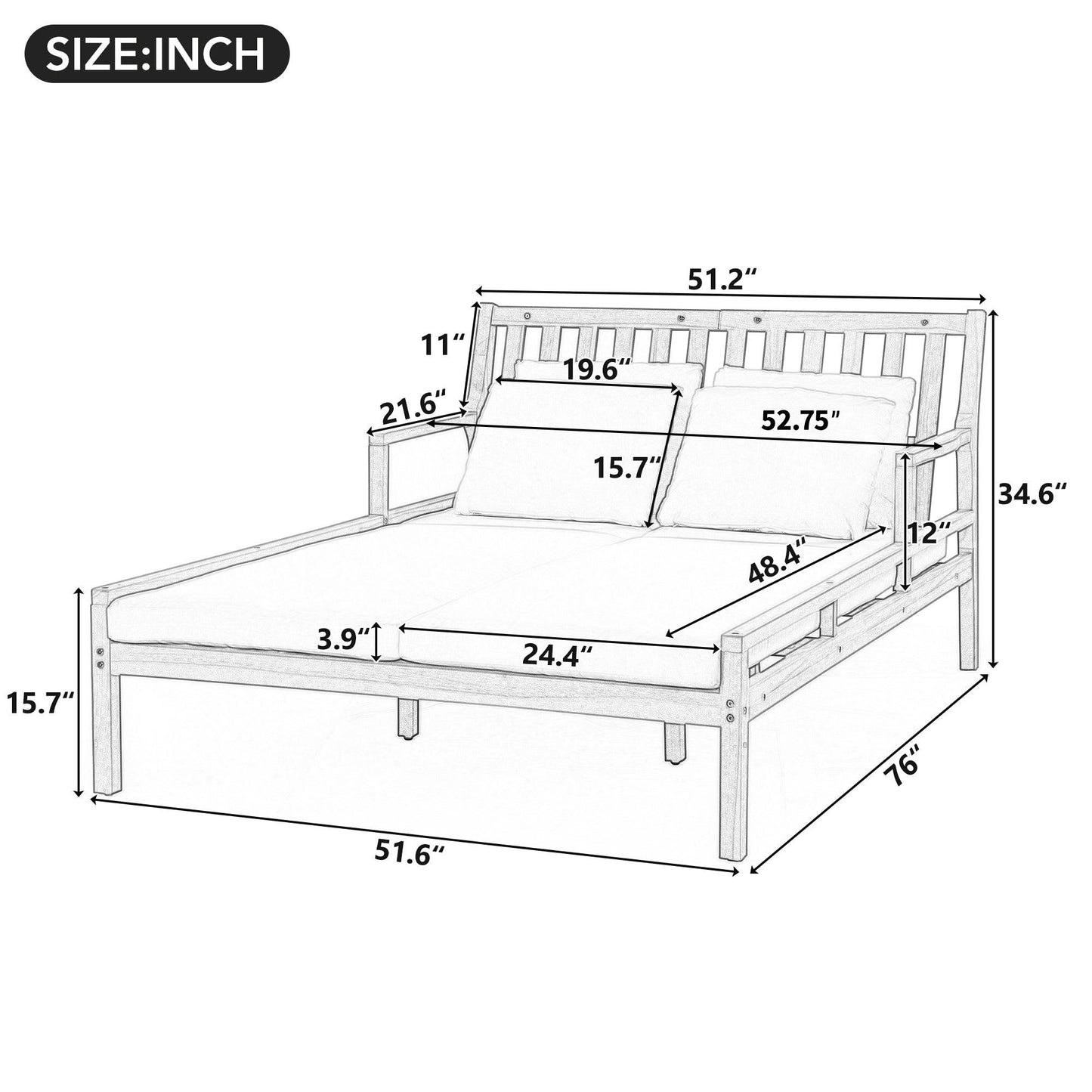 Outdoor Daybed, Patio Daybed with Four Pillows, Wooden Outdoor Bed with Curved Armrests for Poolside, Backyard, Garden
