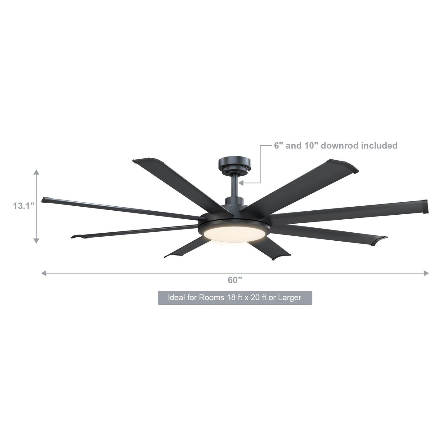 60" Industrial DC Motor Downrod Mount Ceiling Fan with Lighting and Remote Control