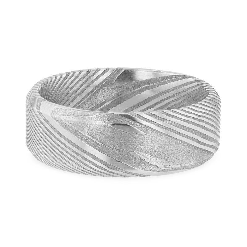 GHOST Grey Damascus Steel Brushed Beveled Men’s Wedding Band with Repeating Artisan Pattern - 6mm & 8mm