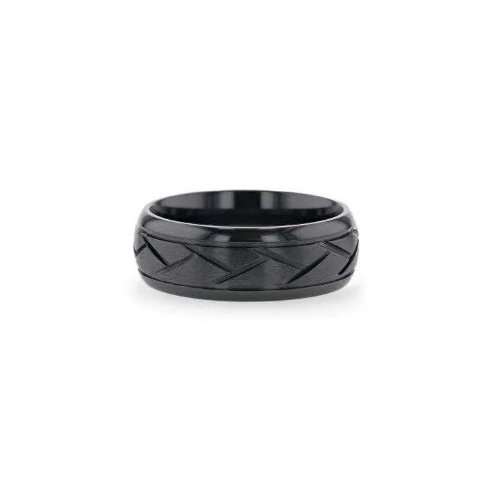 JAX Domed Black Titanium Ring with Brushed Cross Alternating Diagonal Cuts Pattern - 8mm
