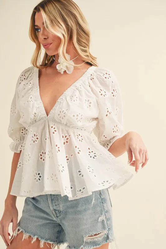 Aemi + Co Eyelet Embroidered V-Neck Peplum Blouse