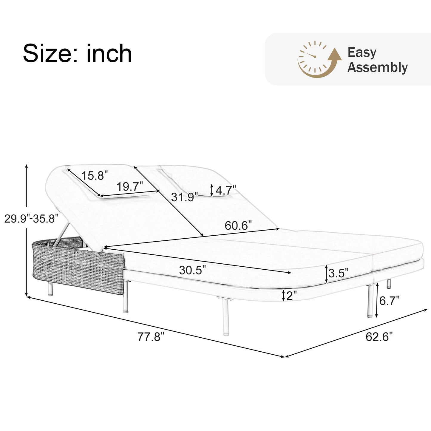Outdoor Daybed, Patio Rattan Daybed with 5-Position Adjustable Backrest and Removable Cushions & Pillows for Garden, Backyard, Poolside