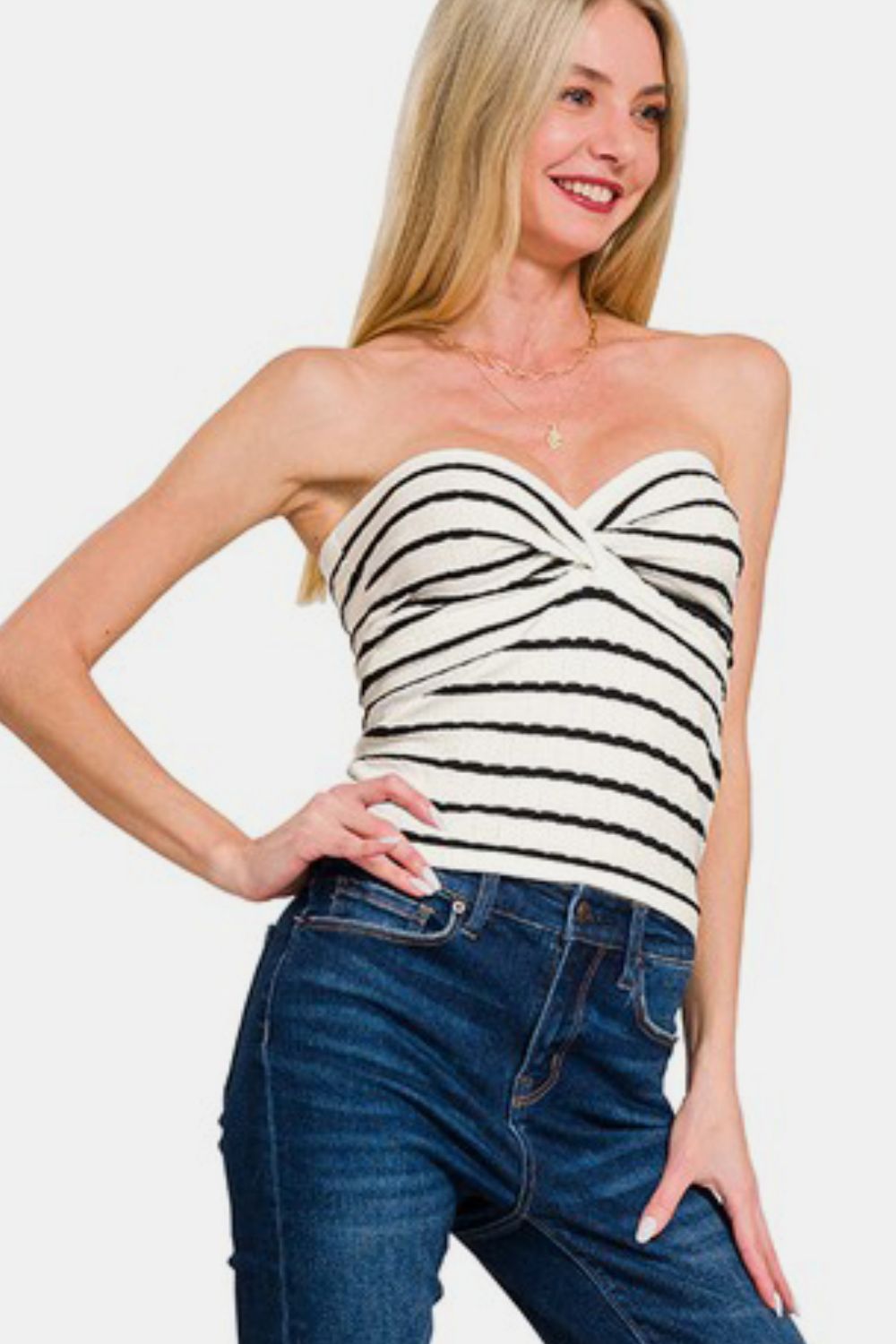 Zenana Twisted Sweetheart Neck Striped Tube Top For Women