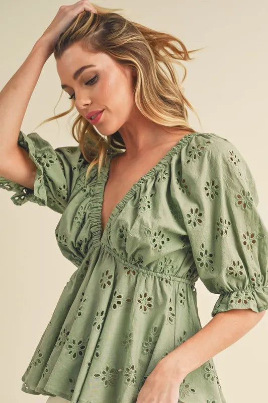 Aemi + Co Eyelet Embroidered V-Neck Peplum Blouse