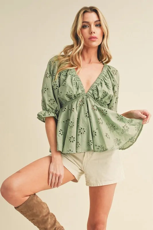 Aemi + Co Eyelet Embroidered V-Neck Peplum Blouse