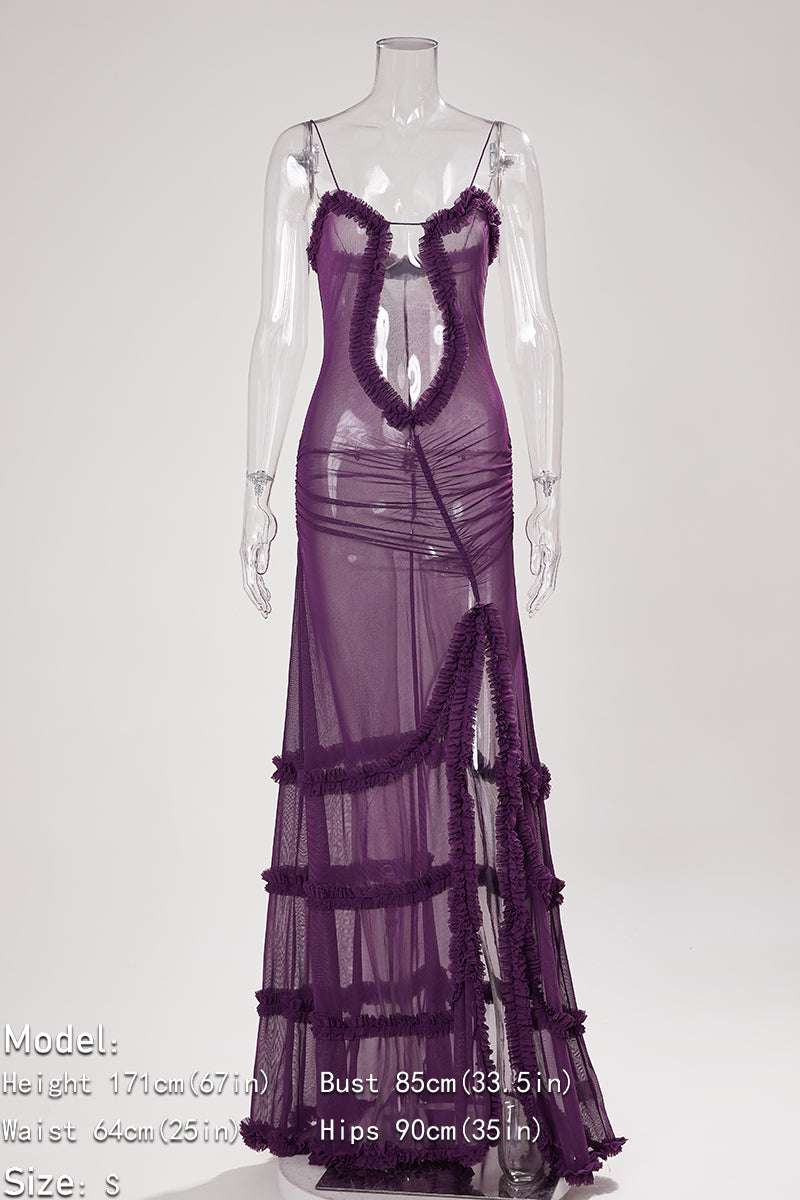 Sexy slight stretch solid color mesh sling slit maxi dress