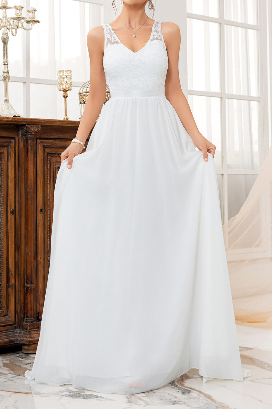 Elegant non-stretch patchwork sleeveless maxi evening dress with padded