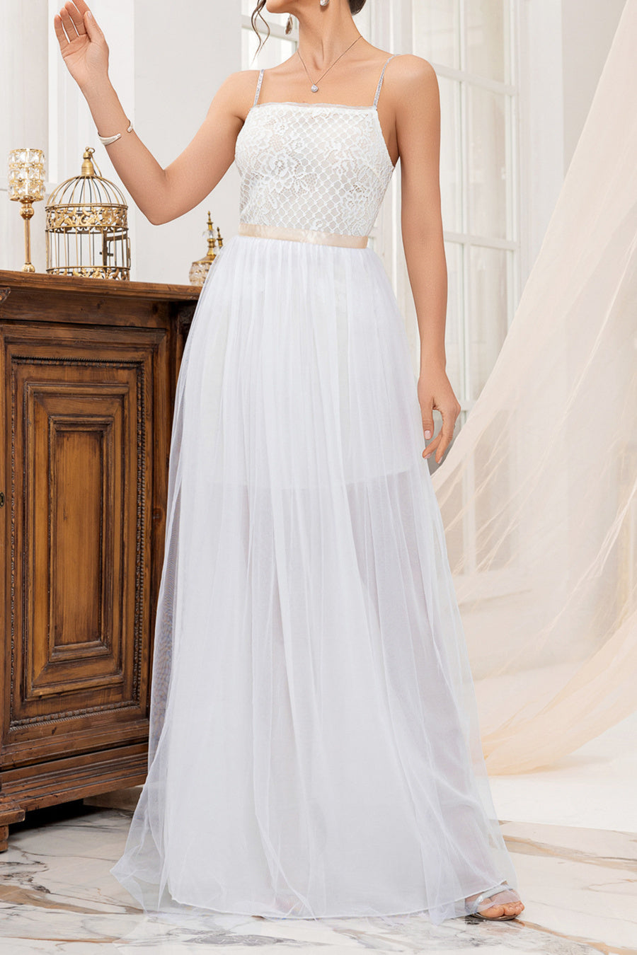 Elegant non-stretch sling lace mesh stitching maxi dress