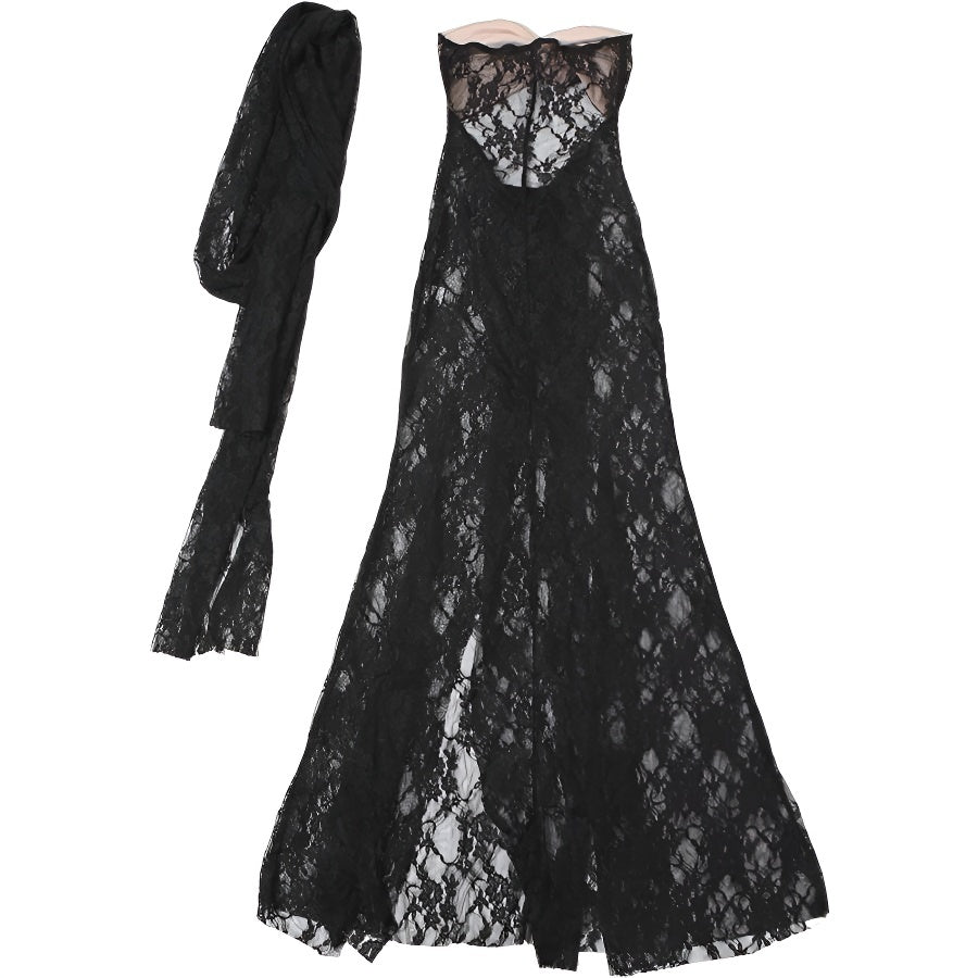 Sexy stretch see through lace stitching tube hollow maxi dress with ribbon