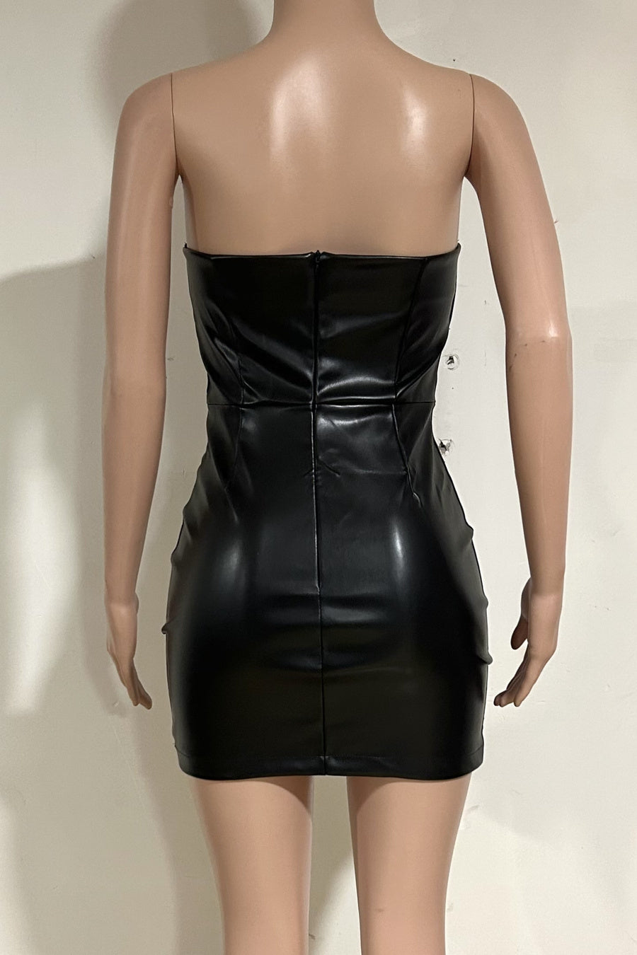 Sexy non-stretch pu solid color tube design zip-up slim mini dress