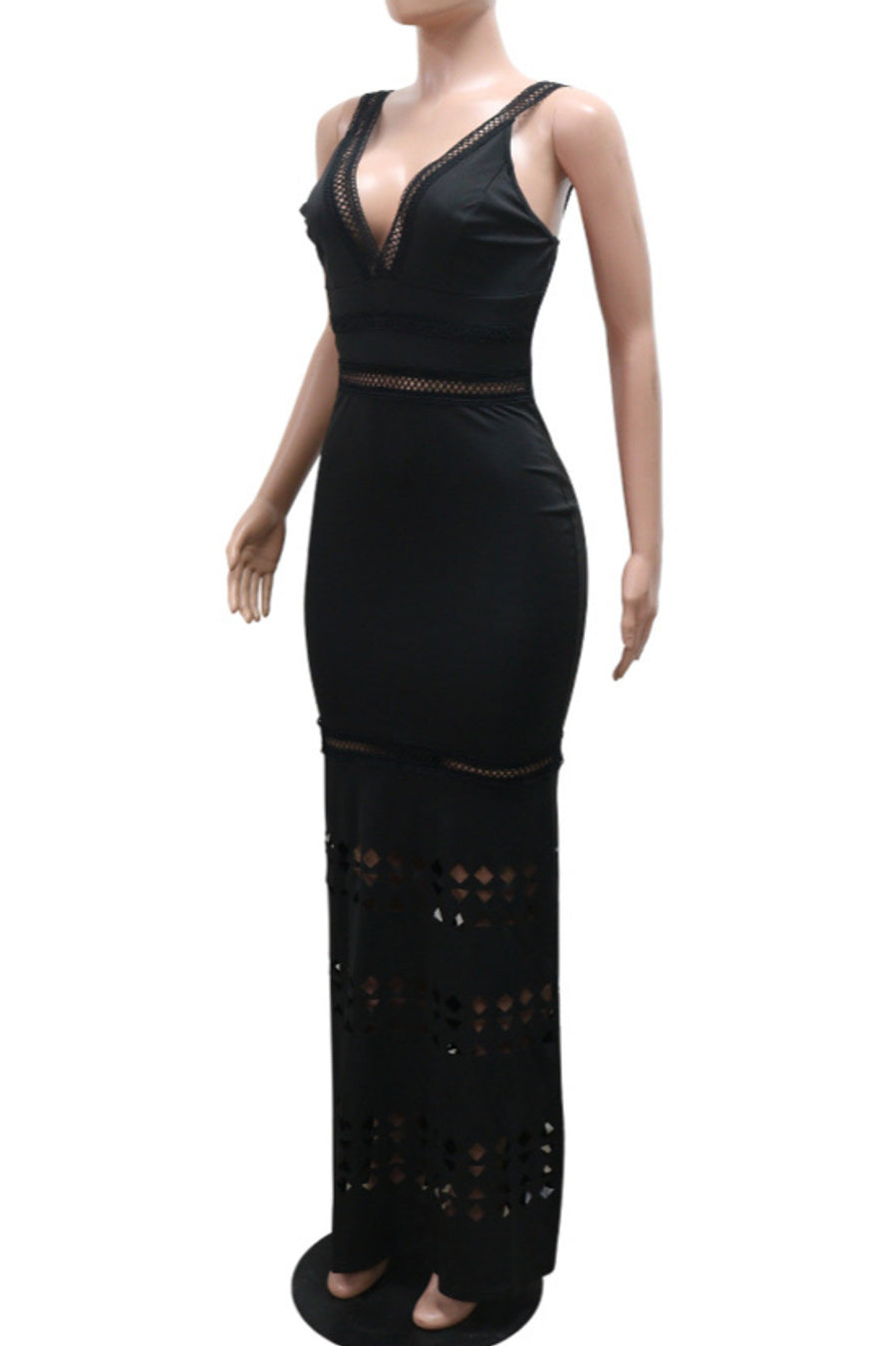 Sexy plus size slight stretch v-neck cutout maxi dress