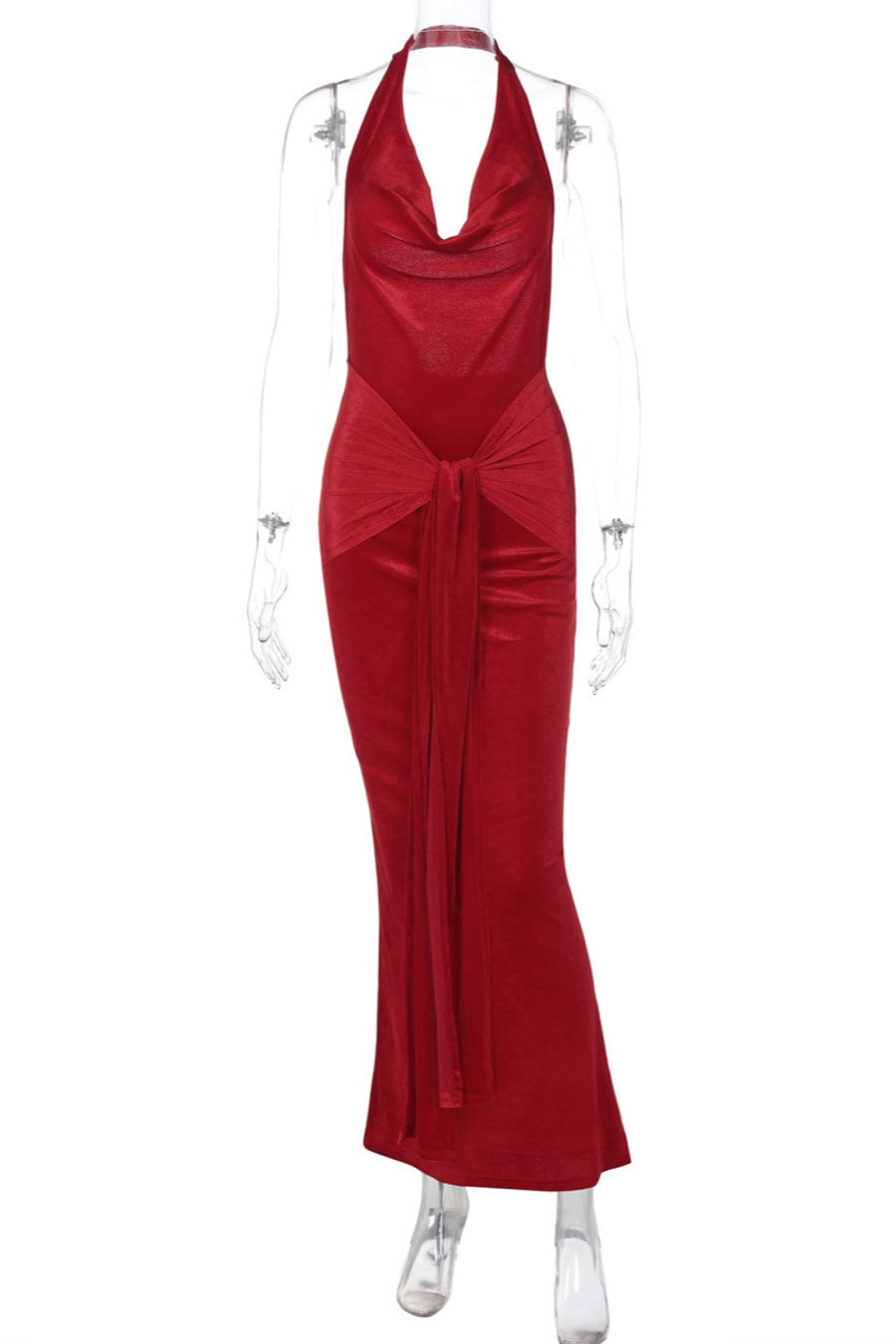 Sexy slight stretch halter-neck solid color kink backless maxi dress