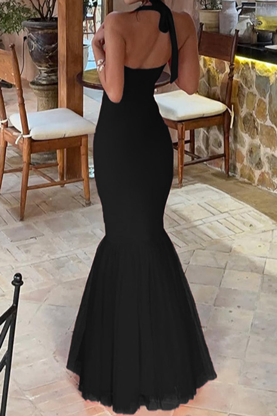 Sexy slight stretch stitching mesh halter-neck maxi dress