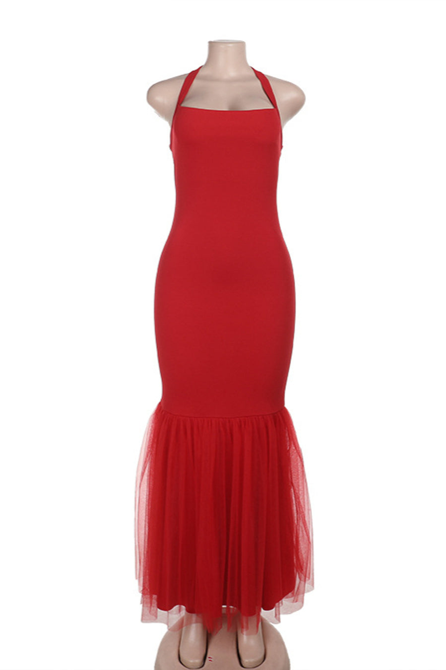 Sexy slight stretch stitching mesh halter-neck maxi dress