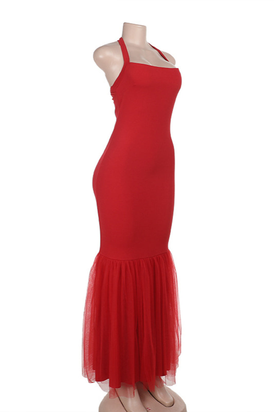 Sexy slight stretch stitching mesh halter-neck maxi dress