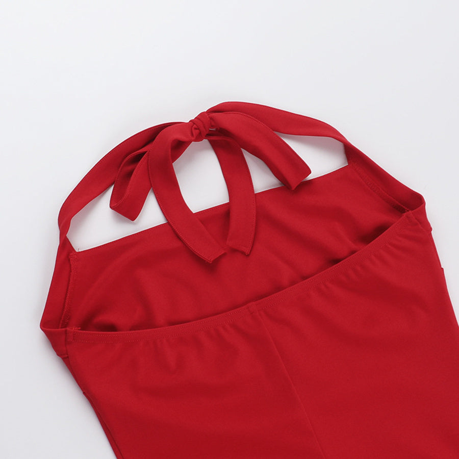 Sexy slight stretch stitching mesh halter-neck maxi dress