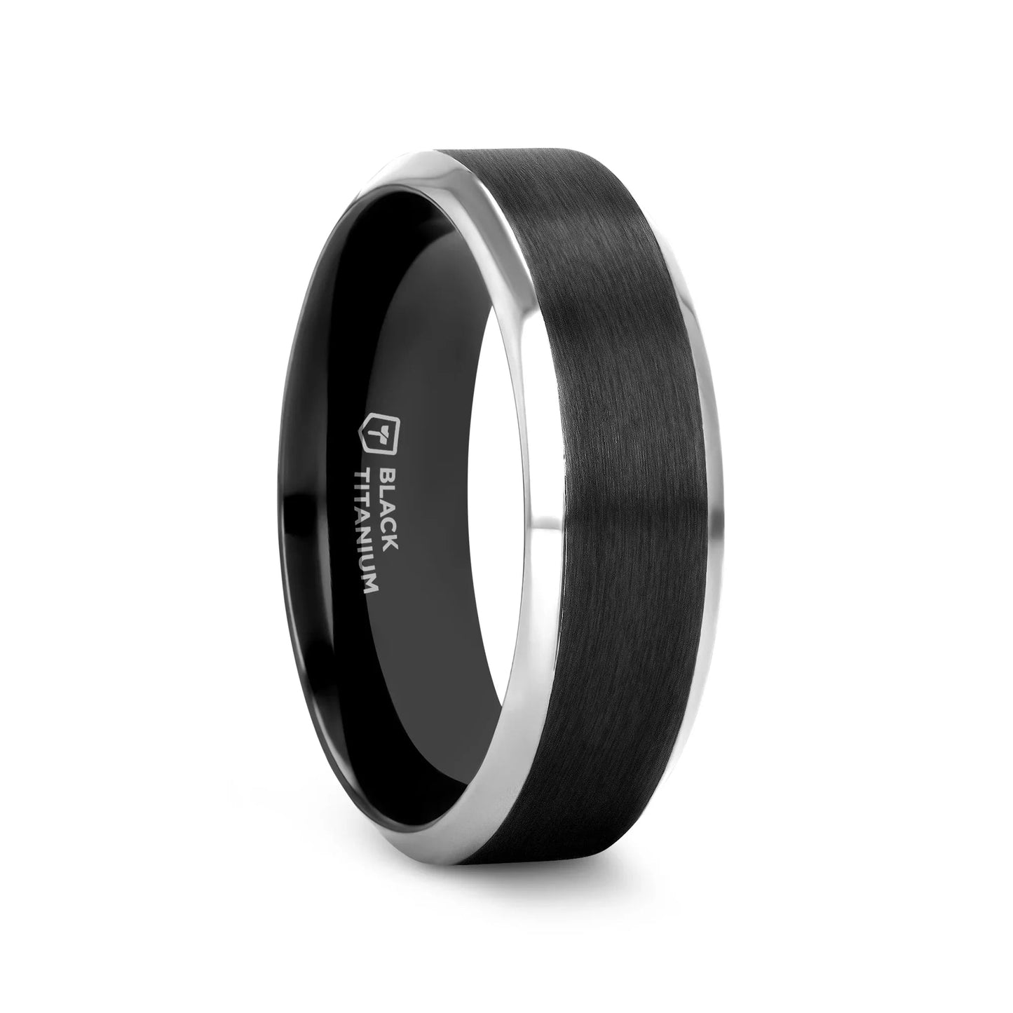 ATNOS Men’s Black Titanium Wedding Ring with Brushed Center and Polished Beveled Edges — 6mm & 8mm