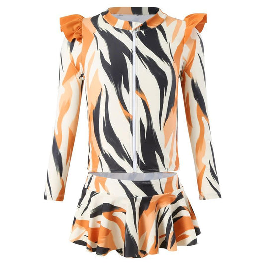 Girl teen stylish irregular stripe print unpadded long sleeve two-piece swimsuit