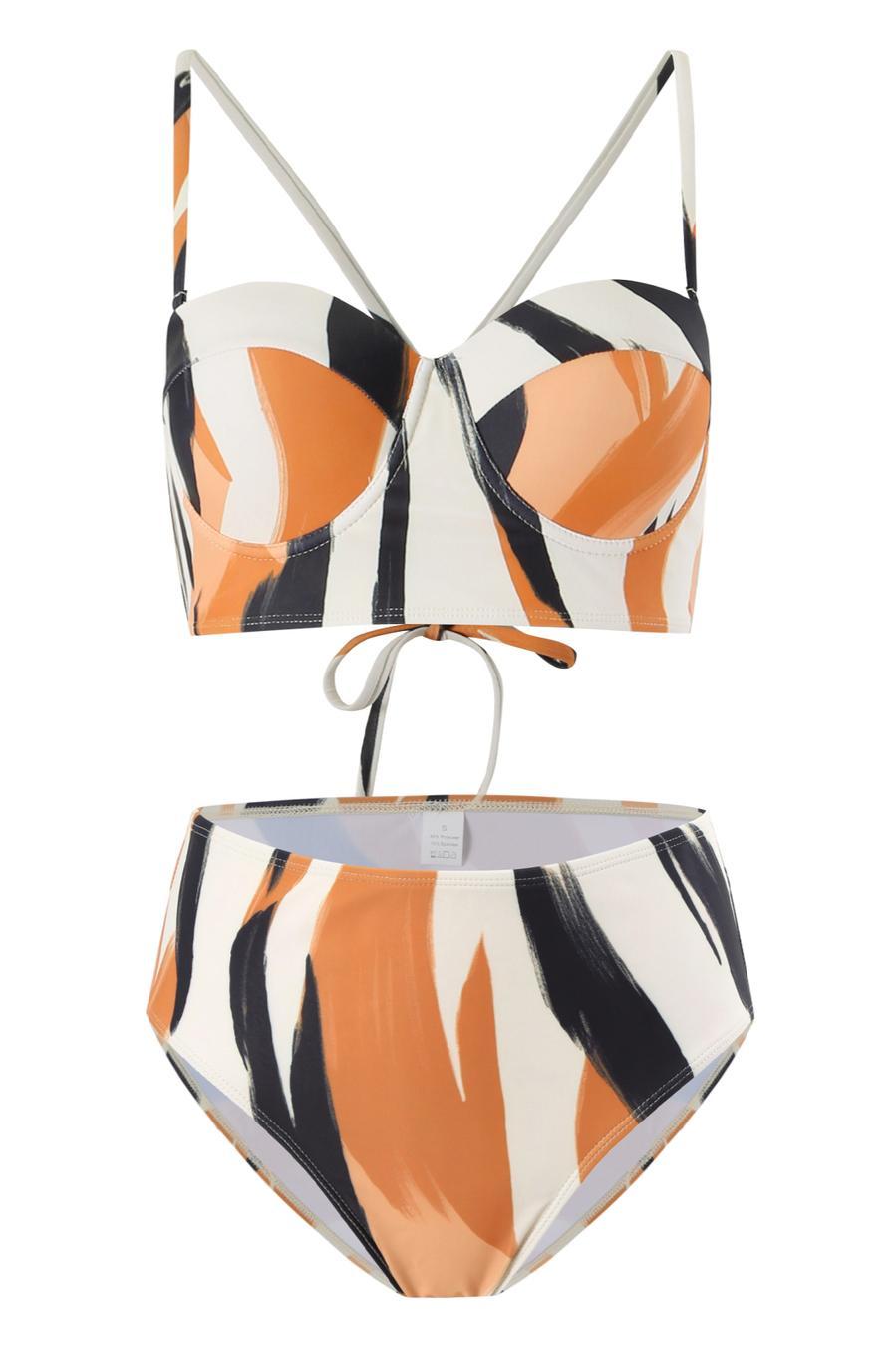 Sexy graphic printing padded underwire slit skirt three-piece swimsuit
