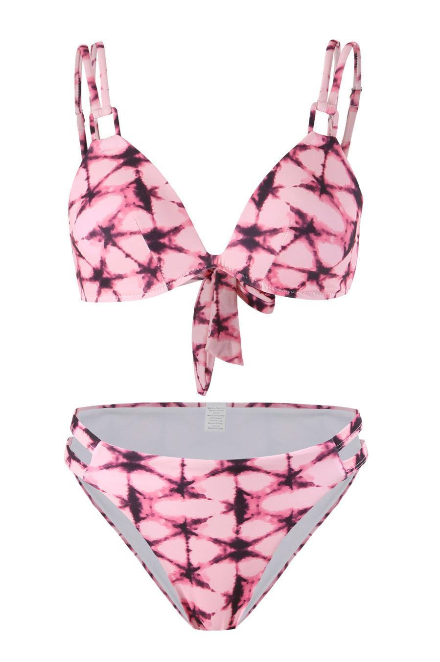 Sexy pink graphic printing padded underwire backless sling bikini set