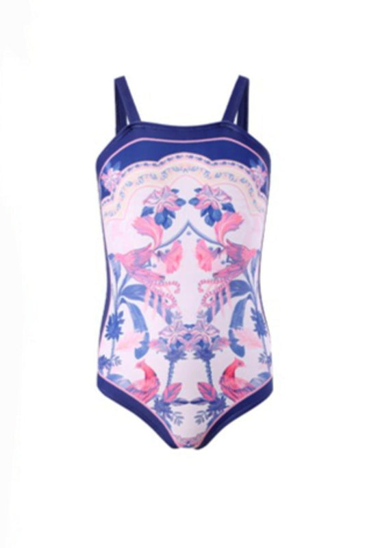 Girl teen matching swimwear bird and flower print non-padded one-piece swimsuit