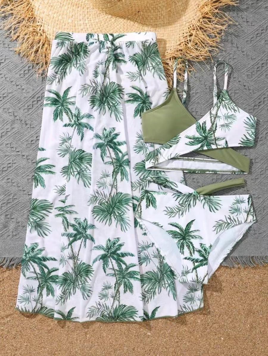 Family couple style women sexy floral print padded three-piece swimsuit