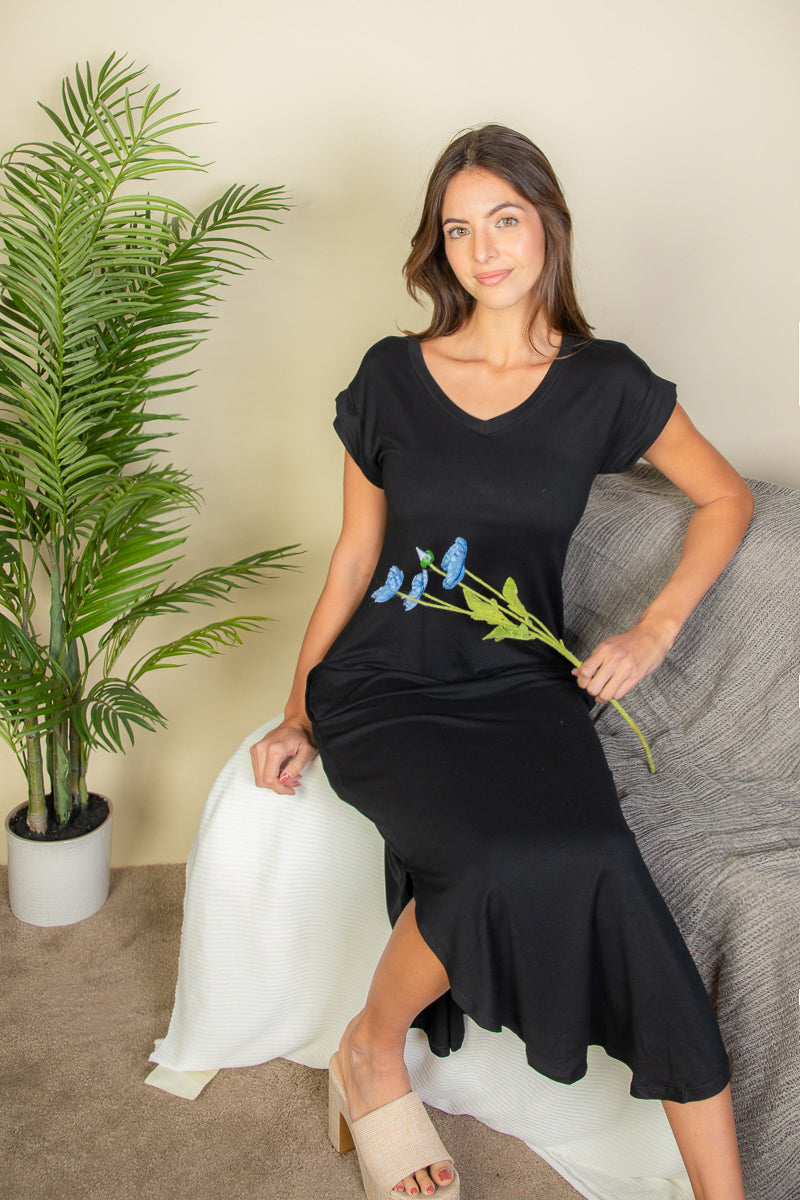 Hidden Pocket Batwing Sleeve V Neck Long Dress (CAPELLA)