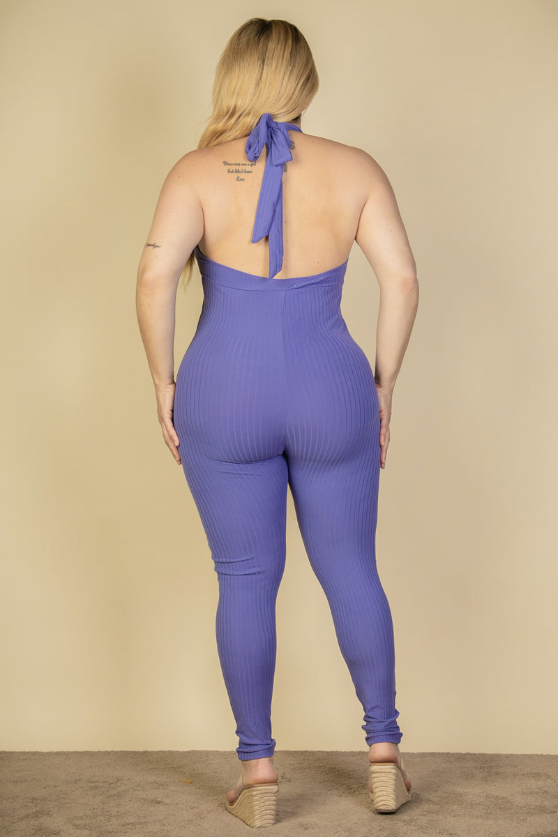 Plus Size Halter V Neck Ribbed Bodycon Jumpsuit (CAPELLA)