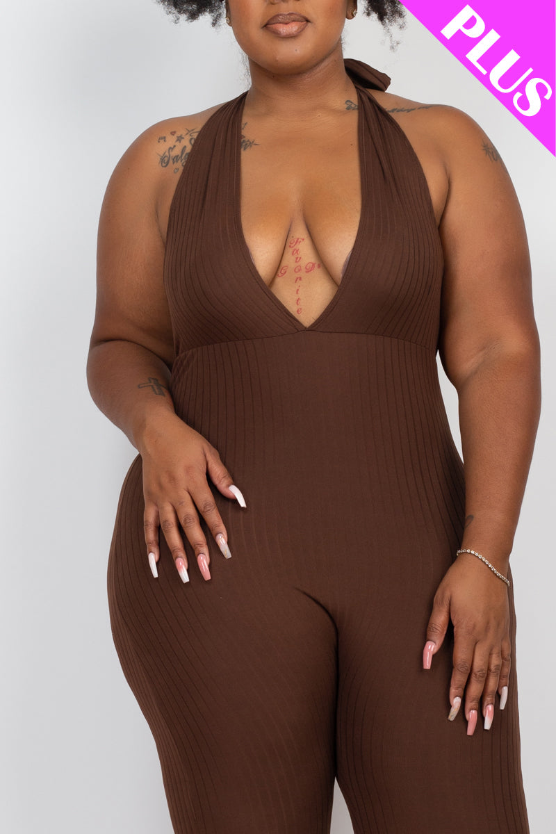 Plus Size Halter V Neck Ribbed Bodycon Jumpsuit (CAPELLA)