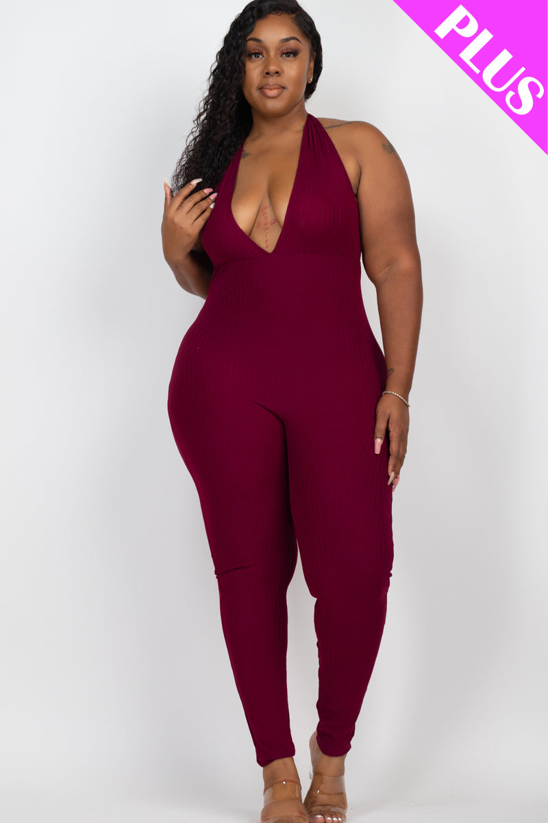 Plus Size Halter V Neck Ribbed Bodycon Jumpsuit (CAPELLA)
