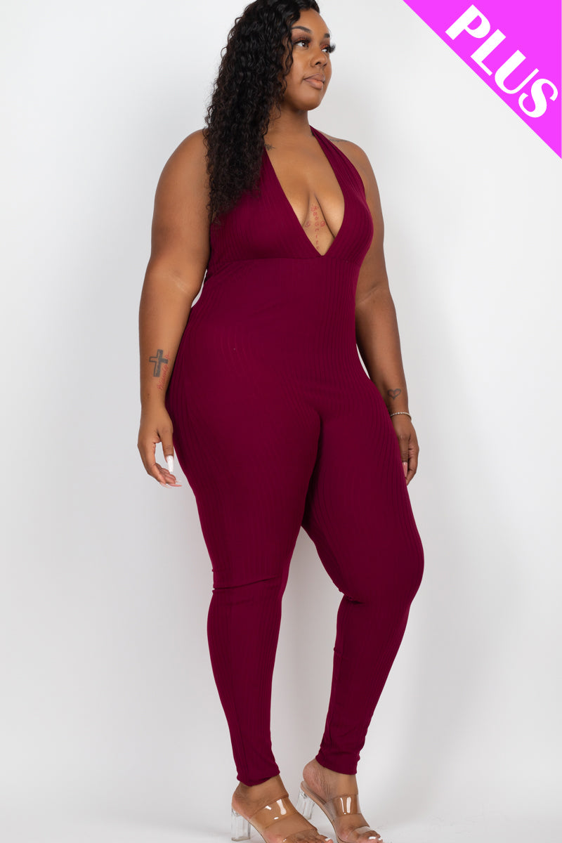 Plus Size Halter V Neck Ribbed Bodycon Jumpsuit (CAPELLA)
