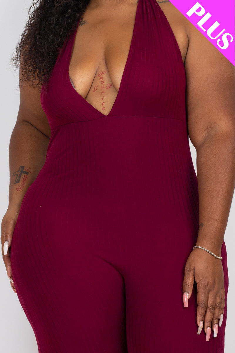 Plus Size Halter V Neck Ribbed Bodycon Jumpsuit (CAPELLA)