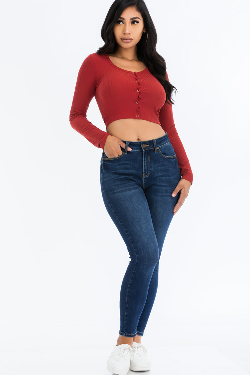 Ribbed Long Sleeve Snap Button Down Crop Top (CAPELLA)