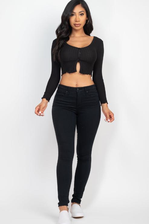 Ribbed Button Front Split Long Sleeve Top (CAPELLA)