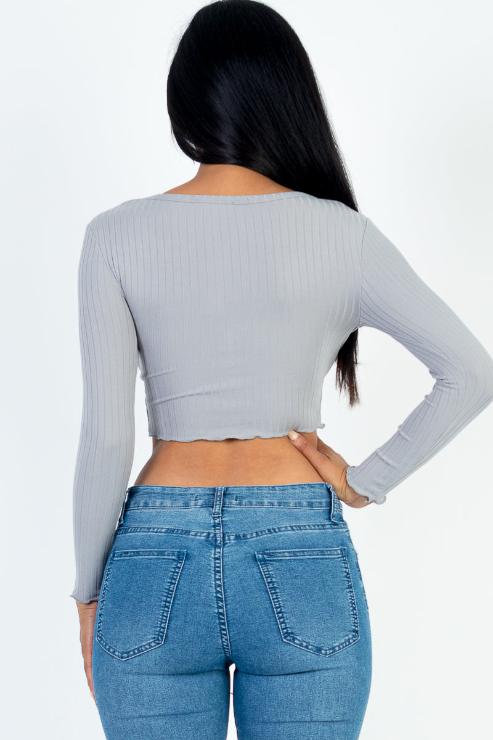 Ribbed Button Front Split Long Sleeve Top (CAPELLA)