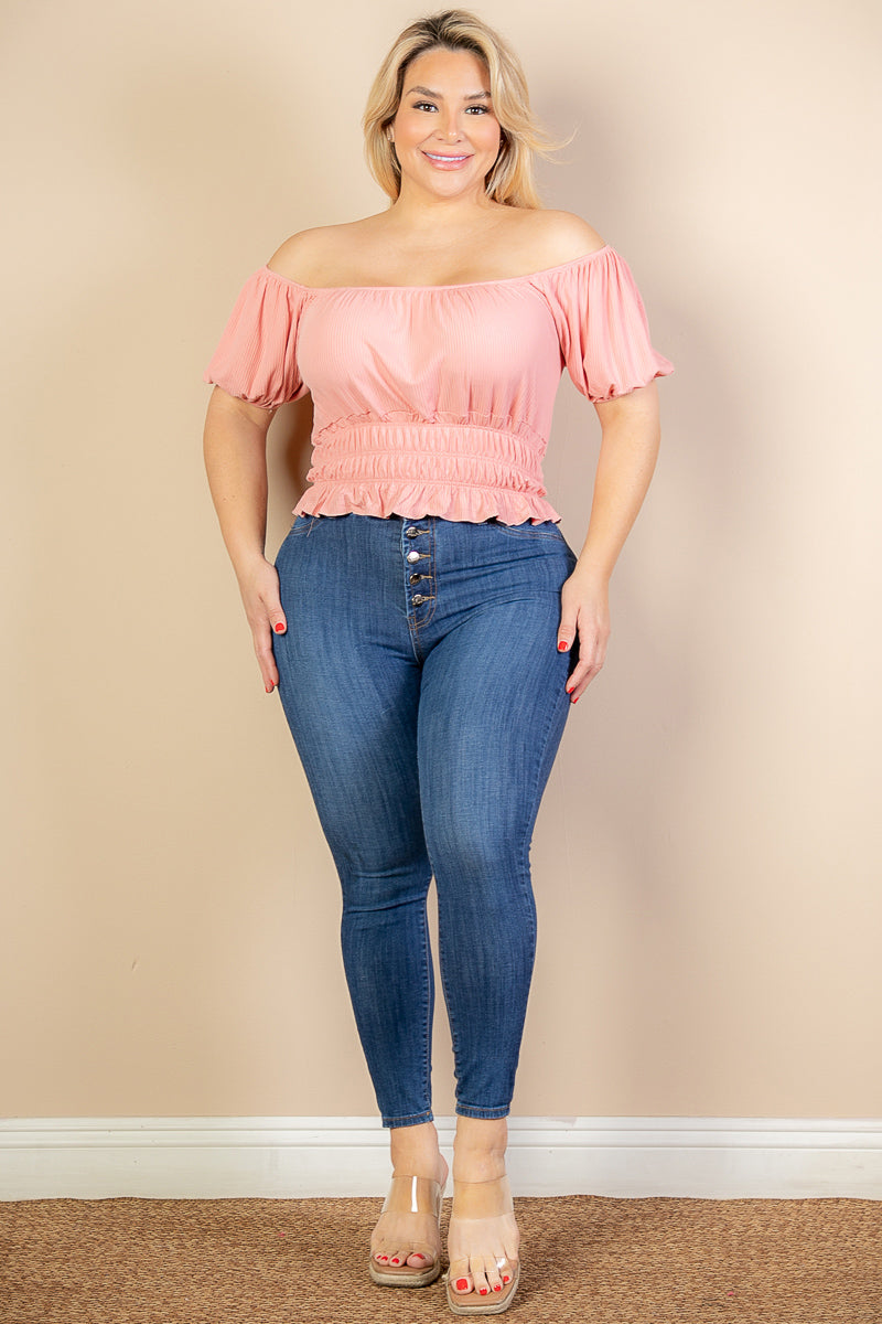 Plus Size Casual Ruched Puff Sleeve Ribbed Knit Solid Top (CAPELLA)