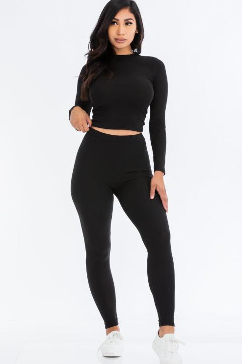 Ribbed Mock Neck Long Sleeve Top & Leggings Set (capella)