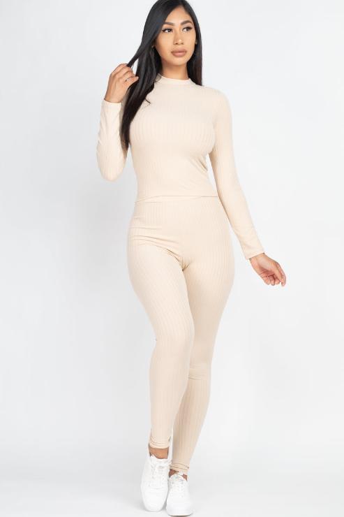 Ribbed Mock Neck Long Sleeve Top & Leggings Set (capella)