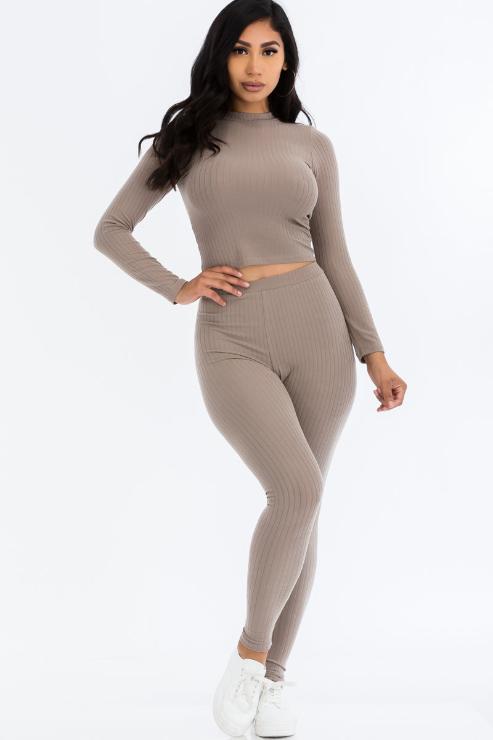 Ribbed Mock Neck Long Sleeve Top & Leggings Set (capella)