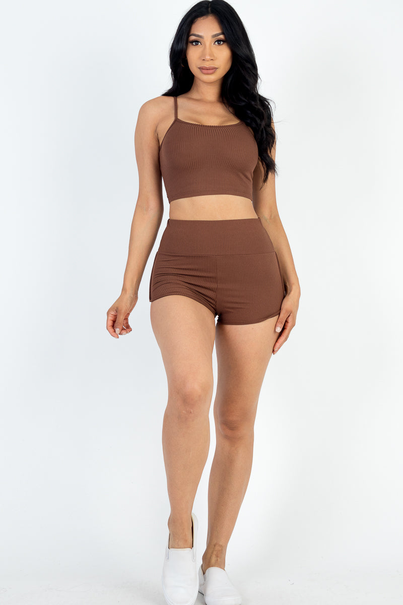 Ribbed Cami Crop Top & Ruched Shorts Set(CAPELLA)