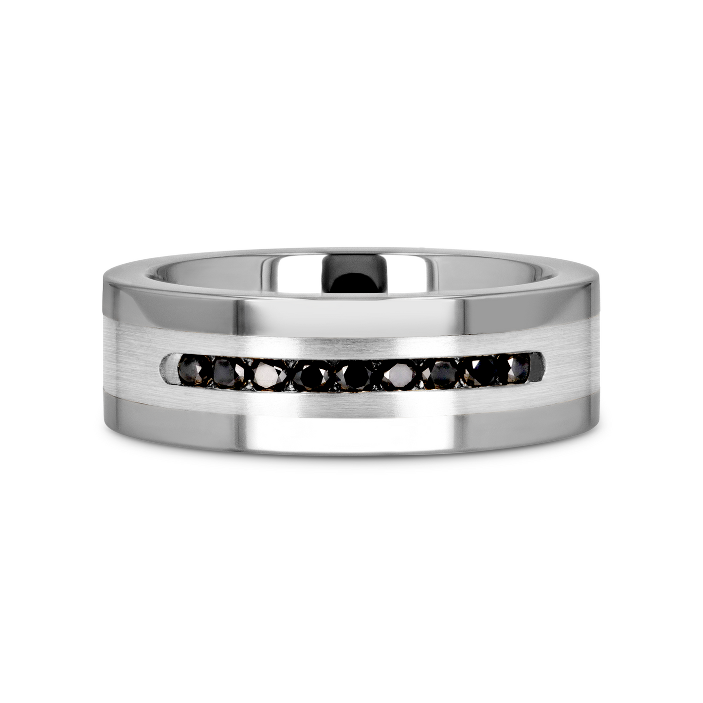 BLACKSTONE Flat Tungsten Wedding Band with Brushed Silver Inlay Center and 9 Channel Set Black Diamonds - 8mm